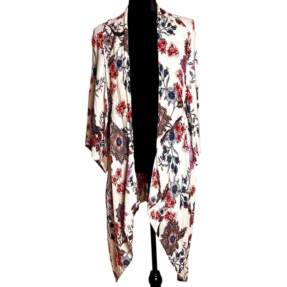 Women Sz M Cardigan Waterfall Duster Cover Up Boho Floral Flowy Patrons Of Peace